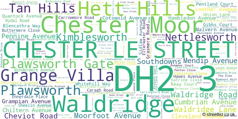 A word cloud for the DH2 3 postcode